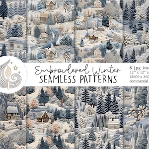 Könnte beinhalten: Gestickte Winter-Nahtlosmuster mit verschneiten Landschaften mit Häusern und Bäumen. Das Bild enthält 8 JPG-Dateien, jeweils 30,48 cm x 30,48 cm (3600 x 3600 px), für den kommerziellen Gebrauch.