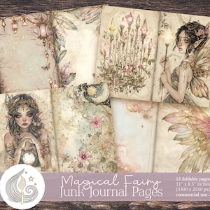 Magiska älv-skräpjournalsidor: Förtrollade papper med sepiafärgade blommor och eteriska figurer