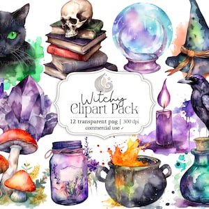 Witchy Clipart Pack | Watercolor Clipart | Digital Download | Commercial Use | Witchcraft Png | Mystical Png | Wiccan Clipart