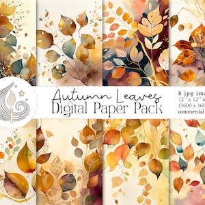 Papel digital de folhas de outono | Fundo de outono | Padrão de outono | Folhas em aquarela | Artesanato Digital | Papel para álbum de recortes | Excêntrico