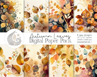 Autumn Leaves Digital Paper Pack: Watercolor Fall Backgrounds in Warm Brown and Gold Tones