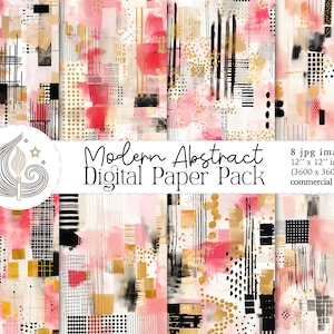 Papel digital abstracto moderno / Papel para álbumes de recortes / Uso comercial / Descarga digital / Oro, rosa, negro / Patrones abstractos de moda