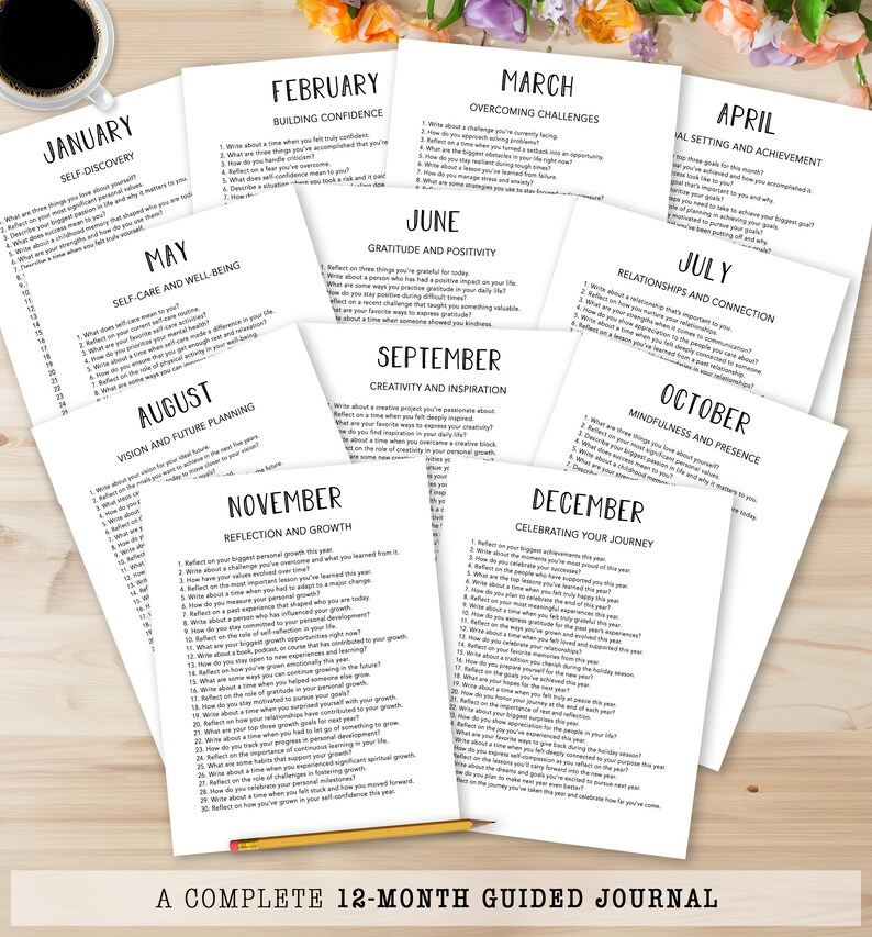 May include: A complete 12-month guided journal with prompts for self-reflection. The journal pages are white with black text, organized by month, and include prompts for self-discovery, gratitude, and goal setting. A pencil rests on the bottom.