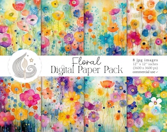 Floral Digital Paper Pack: Bright Watercolor Flower Backgrounds