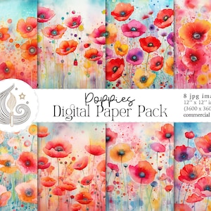 Papier numérique coquelicot | Papier numérique aquarelle coquelicots rouges | Pack de papier numérique imprimable | Utilisation commerciale | Fabrication de cartes | Artisanat