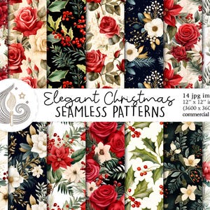 Può includere: Una collezione di 14 motivi natalizi senza cuciture, ciascuno di 30,48 x 30,48 cm, con disegni ad acquerello di rose rosse, agrifoglio e altre composizioni floreali festive. I motivi sono ambientati su vari sfondi, tra cui nero e crema.