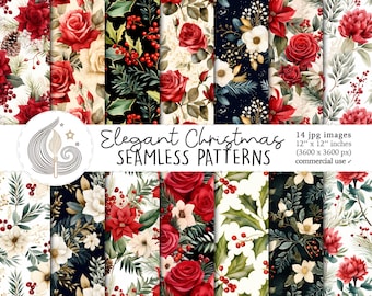 Elegant Christmas Seamless Patterns: Watercolor Floral Holiday Digital Paper Pack with Roses & Poinsettias