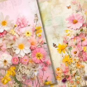 Puede incluir: Dos arreglos florales en un esquema de color rosa y amarillo. Las flores est&aacute;n prensadas y secas, y est&aacute;n dispuestas sobre un fondo texturizado. Las flores incluyen cosmos, margaritas y otras flores silvestres.