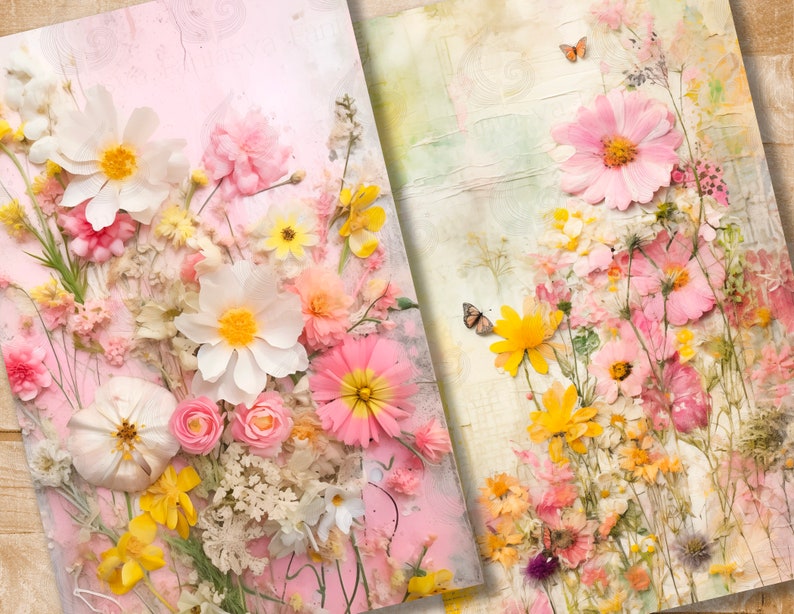 Puede incluir: Dos arreglos florales en un esquema de color rosa y amarillo. Las flores est&aacute;n prensadas y secas, y est&aacute;n dispuestas sobre un fondo texturizado. Las flores incluyen cosmos, margaritas y otras flores silvestres.
