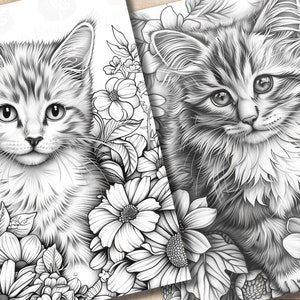 May include: Two black and white illustrations of cats with detailed fur. The cats are surrounded by flowers and leaves.
