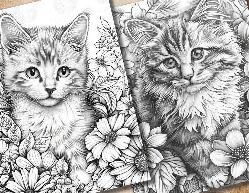 May include: Two black and white illustrations of cats with detailed fur. The cats are surrounded by flowers and leaves.