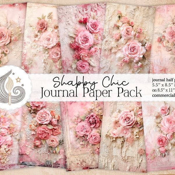 Junk Journal Pages | Vintage Shabby Roses | Journaling Supplies | Digital Paper Pack | Scrapbook | Lace Textures | Romantic | Pink