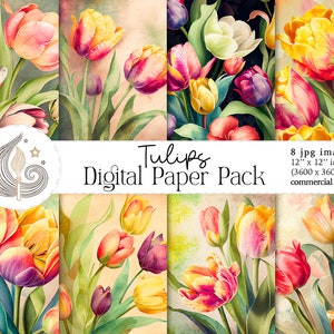Tulpen Digitales Papier | Aquarell Tulpen | Florales Scrapbooking Papier | Digitale Hintergründe | Druckbares Papier | Kommerzielle Nutzung