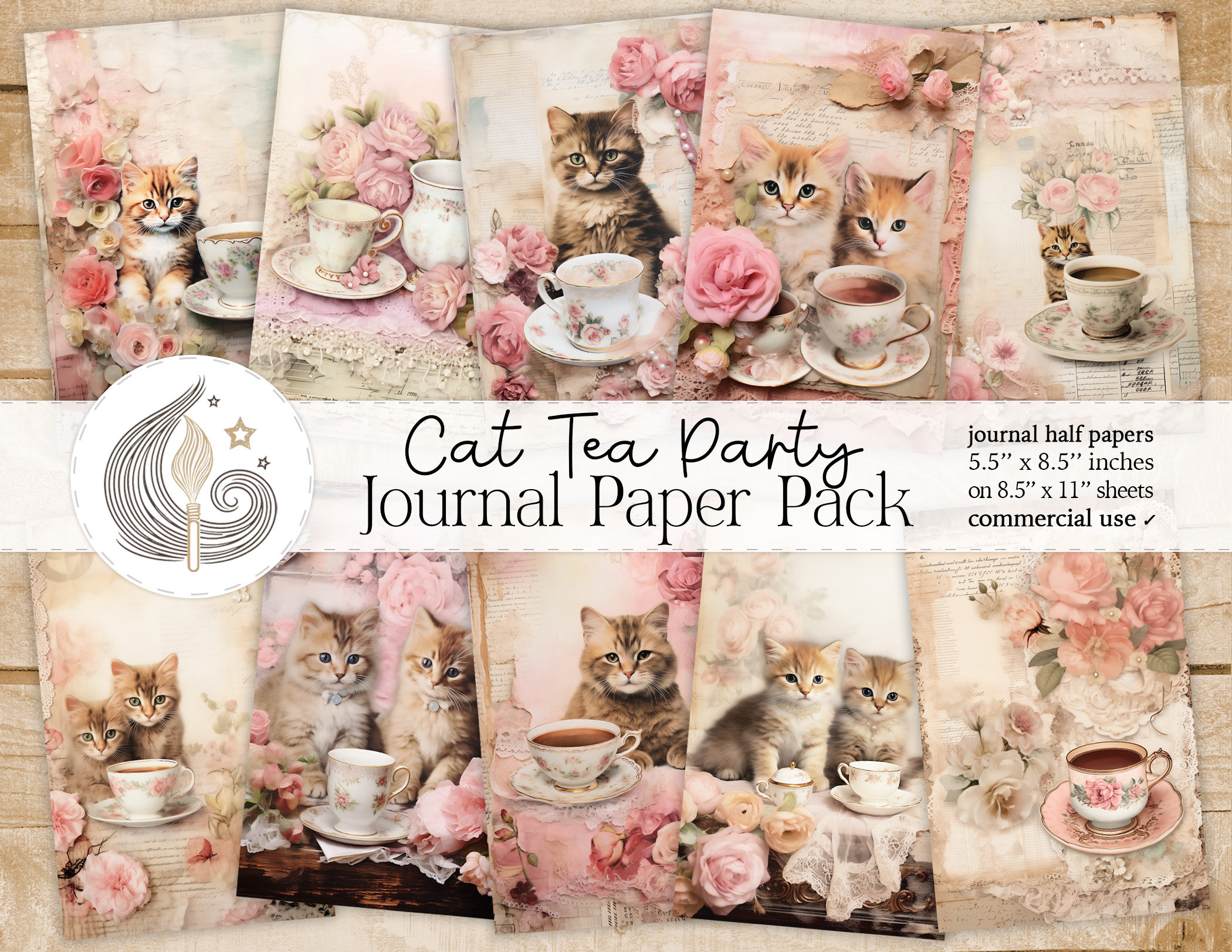Cat Tea Party Junk Journal | Shabby Chic Style | Journal Pages | Card Making | Diy | Craft Paper Pack | Digital Paper | Scrapbook Paper