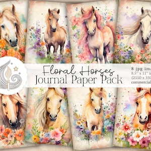 Pferde Journal Papier | Aquarell Pferde und Blumen | Scrapbooking Zubehör | Drucksachen | Junk Journal Seiten | Digitale Papiere