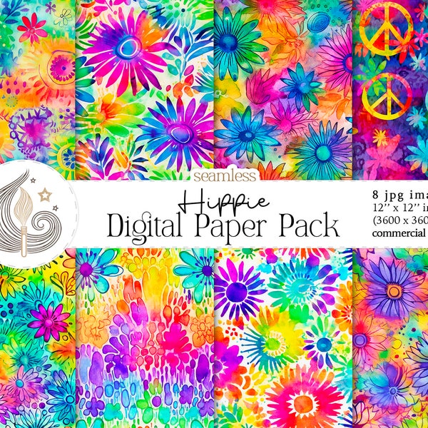 Hippie Digital Paper | Groovy Seamless Pattern | Flower Power | Retro Backgrounds | Psychedelic Patterns | Commercial Use | 60's 70's