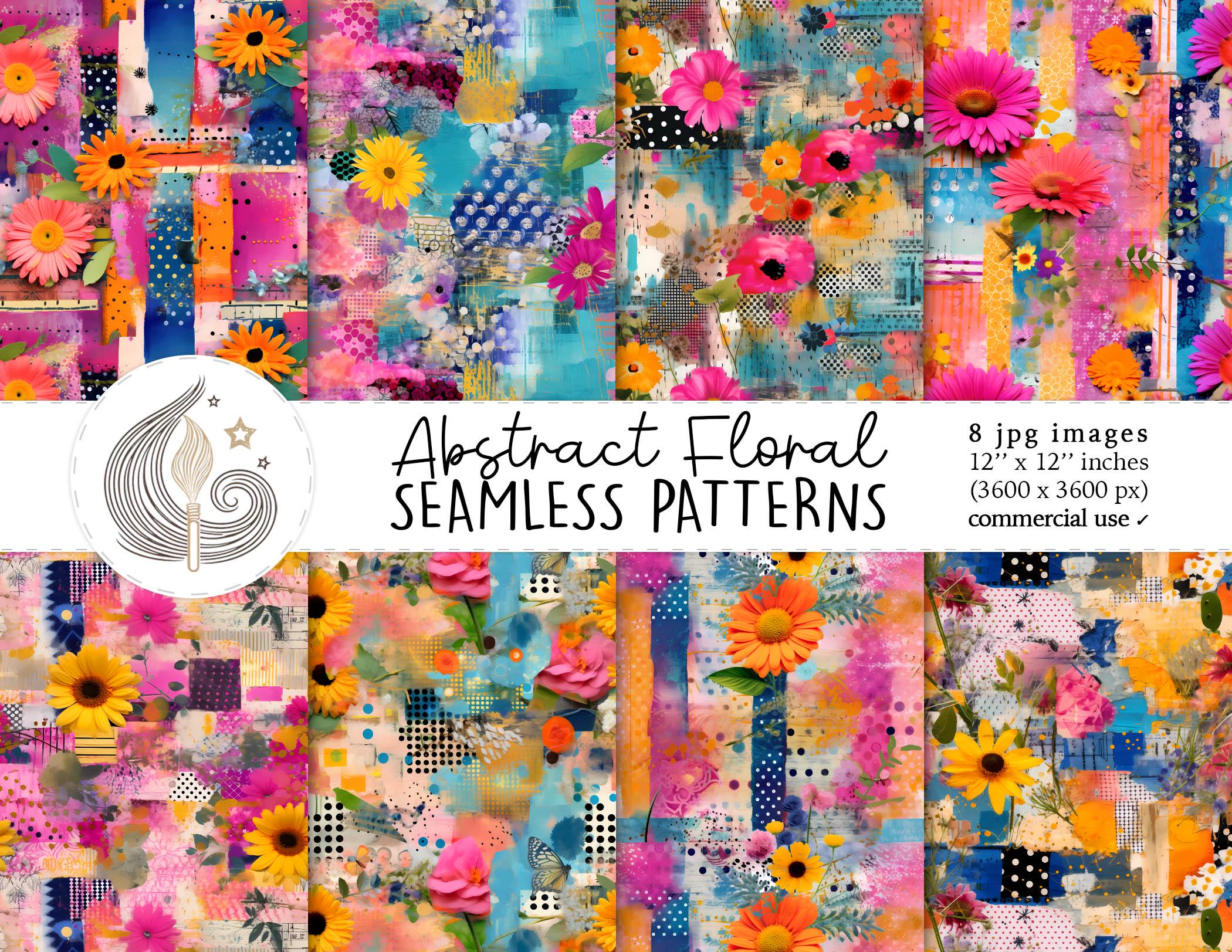 Abstract Floral Seamless Patterns: Colorful Mixed Media Digital Paper ...
