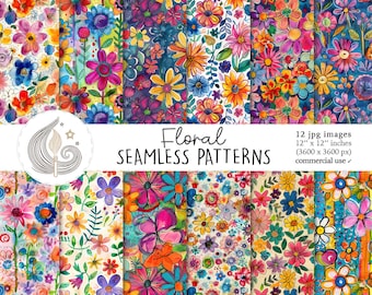 Floral Seamless Patterns: Colorful Watercolor Flower Digital Paper Pack with Boho Garden Style