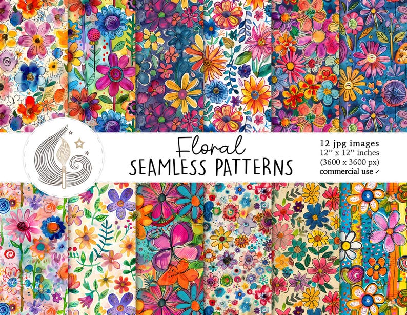 Floral Seamless Patterns: Colorful Watercolor Flower Digital Paper Pack ...