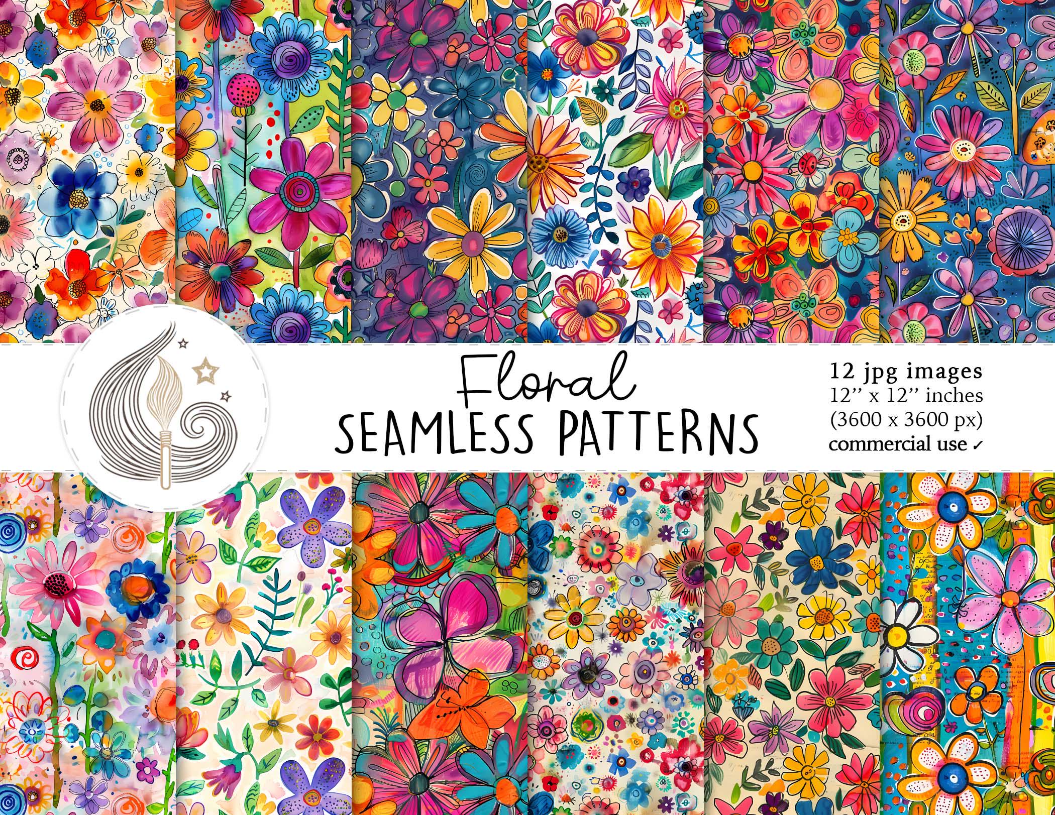 Floral Seamless Patterns: Colorful Watercolor Flower Digital Paper Pack ...