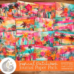 May include: A set of tropical-themed journal papers. The papers display illustrations of palm trees, flowers, and abstract designs in pink, orange, and turquoise. Each paper measures approximately 28 x 22 cm. The text reads "Tropical Patchwork Journal Paper Pack".