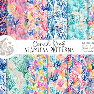 Coral Reef Seamless Patterns: Watercolor Ocean Digital Paper Pack with Tropical Coral Designs