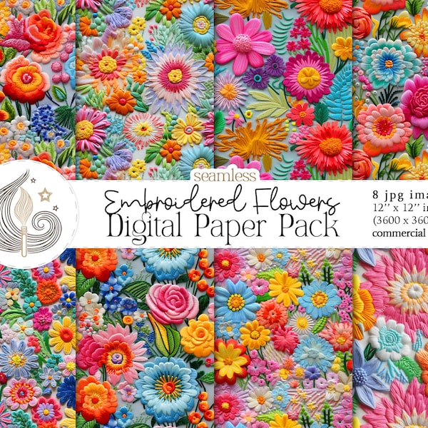Colorful Embroidery Flowers Seamless Pattern | Floral Embroidery Seamless File | Digital Paper | Commercial Use | Scrapbook Paper
