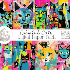 Paquete de papel digital de gatos coloridos / Descarga digital / Uso comercial / Papel para álbumes de recortes / Manualidades / Bricolaje / Colorido / Extraño / Caprichoso