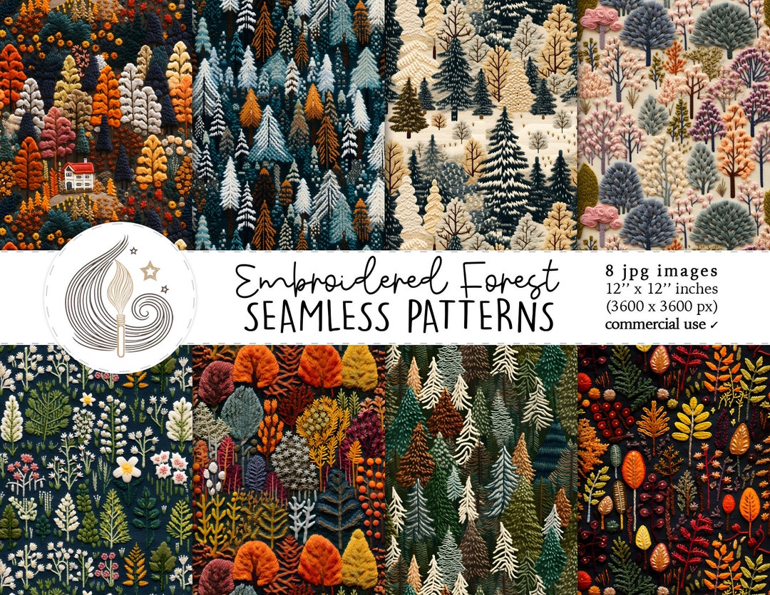 Embroidered Forest Seamless Patterns: Woodland Digital Paper Pack With ...