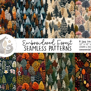 May include: Eight seamless digital patterns featuring embroidered forest scenes in various colors, including green, blue, brown, orange, and red. The patterns are 12 inches by 12 inches and are suitable for commercial use.