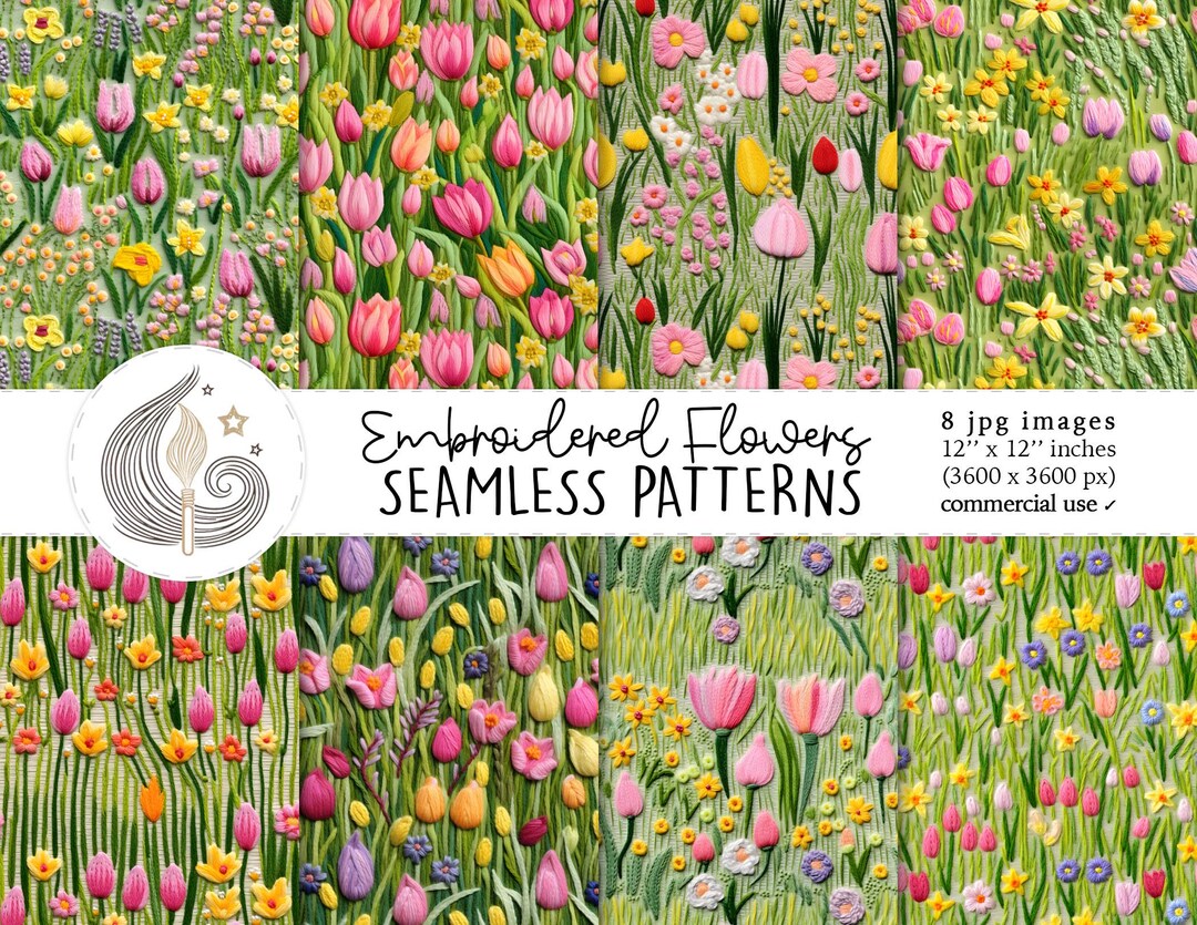 Embroidered Flowers Seamless Patterns: Spring Floral Digital Paper Pack ...
