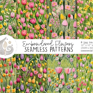Naadloos bloemenstofpatroon | Commercieel gebruik | 3D naadloos bloemen digitaal papier | Geborduurde lentetulpbloemen | Knutselen | Doe-het-zelf