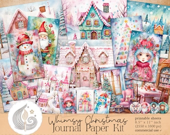 May include: Whimsy Christmas Journal Paper Kit with printable sheets featuring watercolor illustrations of a snowman, gingerbread houses, a Christmas tree, and a girl with a wreath of flowers. The kit includes 8.5 x 11 inch sheets (2550 x 3300 pixels) for commercial use.