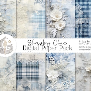 Könnte beinhalten: Ein digitales Papierpaket mit acht 30,48 cm x 30,48 cm großen Bildern im Shabby-Chic-Stil. Die Designs zeigen eine Mischung aus Blau, Weiß und Creme mit floralen und Spitzenakzenten. Das Paket enthält den Text "Shabby Chic Digital Paper Pack".