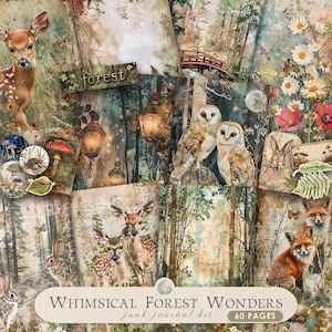 Kit diario di spazzatura Whimsical Forest Wonders / Pagine stampabili, carte, effimere / Animali del bosco / Natura / Forniture per album di ritagli / Artigianato