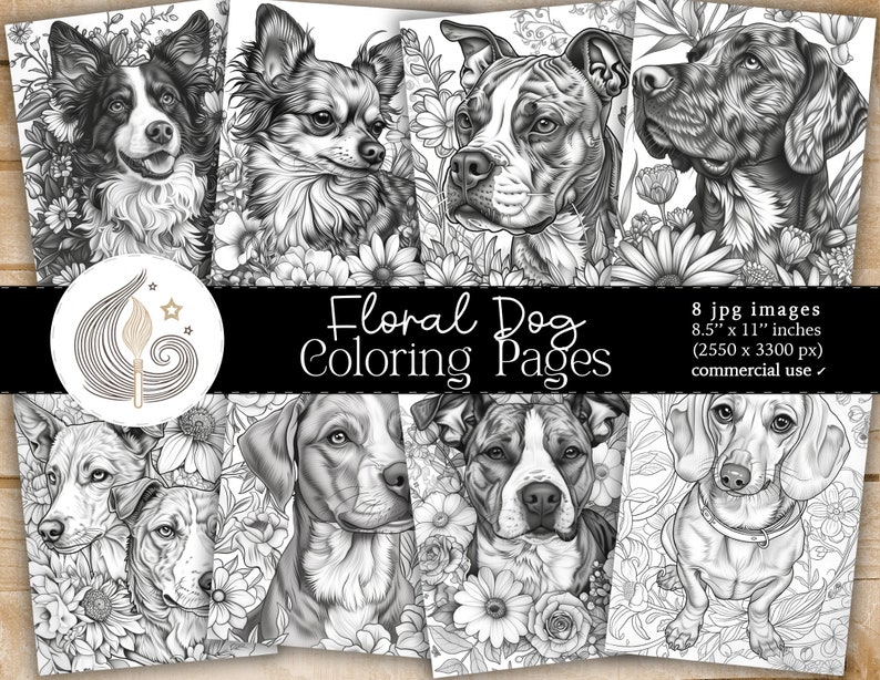 May include: Eight black and white colouring pages featuring different dog breeds surrounded by floral designs. The text "Floral Dog Coloring Pages" is at the top of the image.