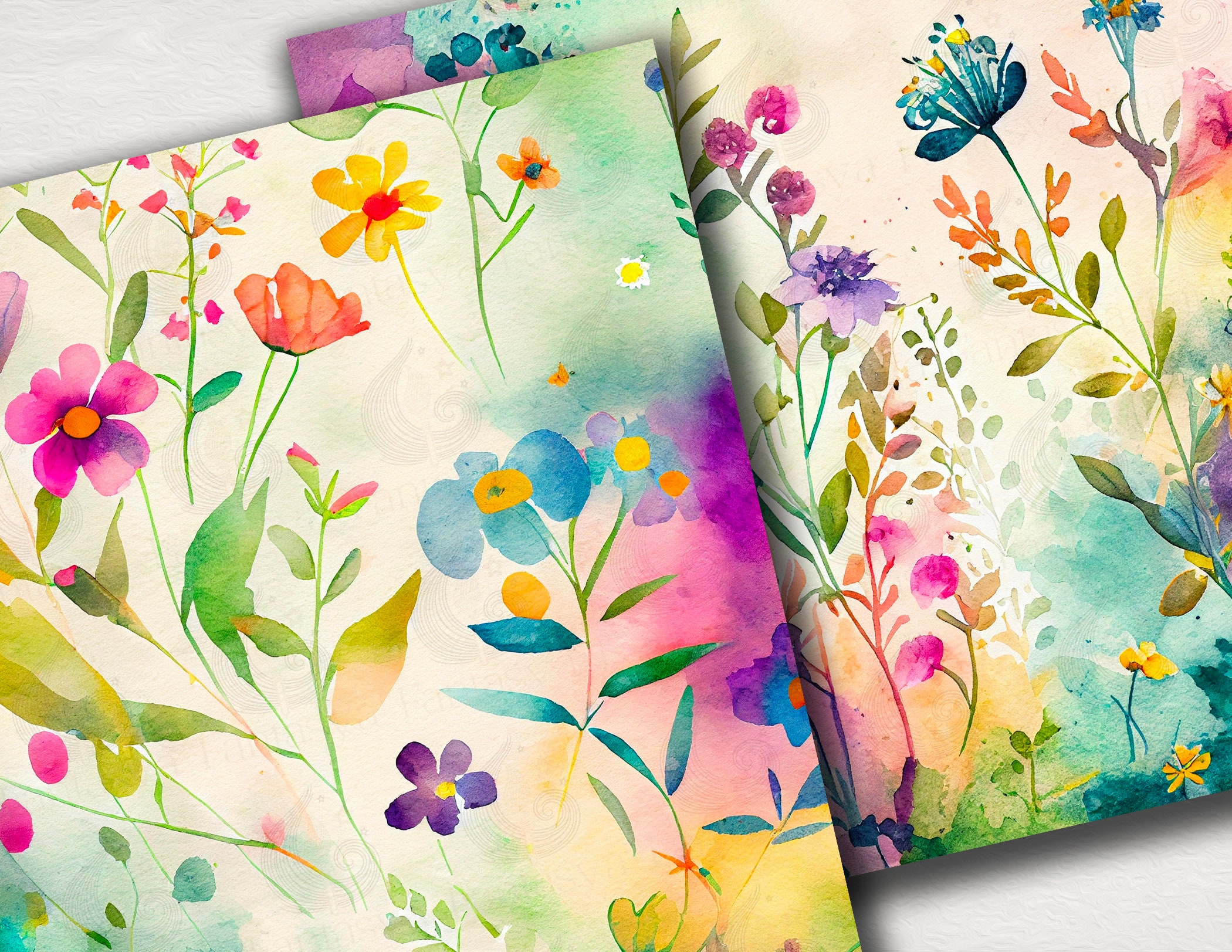Floral Digital Paper Pack: Watercolor Flower Backgrounds in Colorful ...