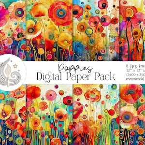 Papel Digital Papoilas | Uso Comercial | Fundos de papoula em aquarela | Conjunto de papel para impressão | Papel para álbum de recortes | Artesanato | Faça você mesmo
