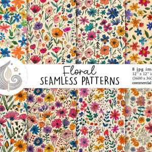 Padrão floral desenhado à mão sem costura | Uso comercial | Papel digital floral sem costura | Rabiscos de flores botânicas vintage | Papel para scrapbook