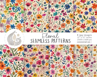 Patrones florales sin costuras: Paquete de papel digital con flores silvestres dibujadas a mano en estilo de tinta vintage