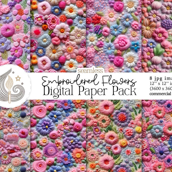 Seamless Embroidered Floral Patterns | 3d Flowers Digital Paper Pack | Commercial Use | Scrapbooking | Crafts | Flowers Patterns