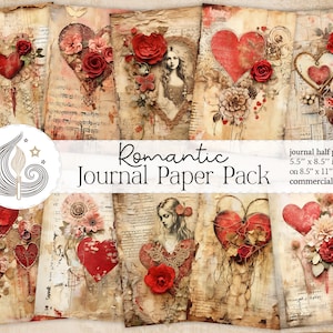 Romantic Junk Journal Kit | Vintage Rustic Shabby Chic Hearts | Junk Journal Pages | Scrapbook Paper | Card Making | Crafts | Collage