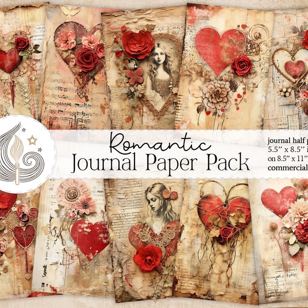 Romantic Junk Journal Kit | Vintage Rustic Shabby Chic Hearts | Junk Journal Pages | Scrapbook Paper | Card Making | Crafts | Collage