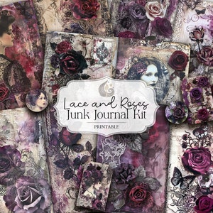 Puede incluir: Kit de diario de chatarra imprimible con un tema de encaje y rosas. El kit incluye varios papeles con imágenes de rosas, encaje y mujeres con ropa vintage. El texto "Lace and Roses Junk Journal Kit Printable" aparece en el centro de la imagen.