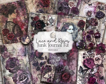 Lace and Roses Junk Journal Kit: Dark Romantic Vintage Printable Pages & Ephemera