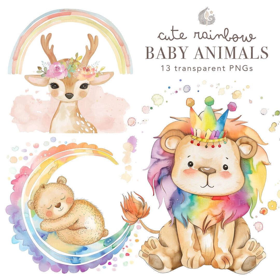 Cute Rainbow Baby Animals Clipart Bundle: 13 Watercolor Nursery PNG ...