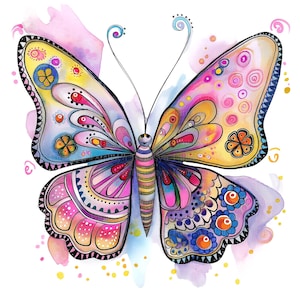 Puede incluir: Ilustraci&oacute;n de una mariposa colorida con patrones intrincados y efectos de acuarela. La mariposa presenta una variedad de colores, incluyendo rosa, amarillo, azul y morado, con dise&ntilde;os detallados en sus alas. El fondo tiene suaves lavados de acuarela.