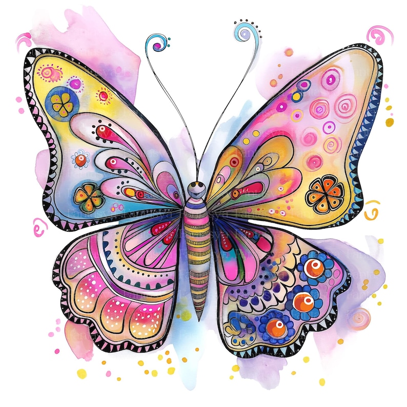 Puede incluir: Ilustraci&oacute;n de una mariposa colorida con patrones intrincados y efectos de acuarela. La mariposa presenta una variedad de colores, incluyendo rosa, amarillo, azul y morado, con dise&ntilde;os detallados en sus alas. El fondo tiene suaves lavados de acuarela.