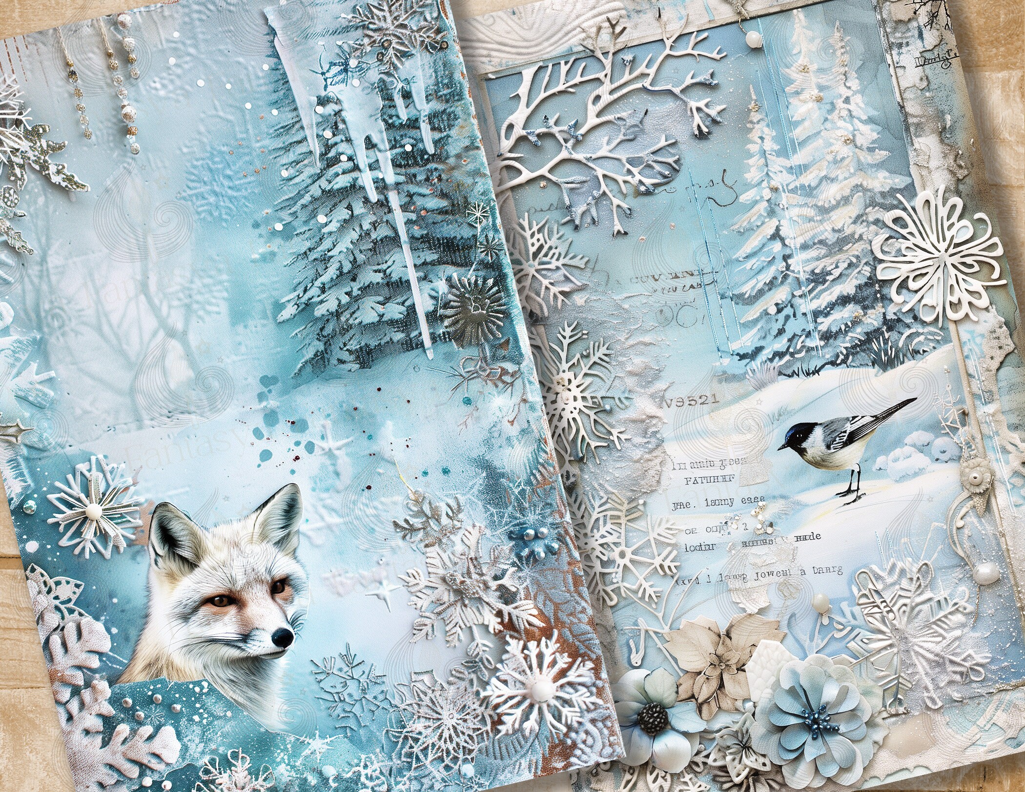 Frosty Winter Junk Journal Pages: Blue Forest Papers With Snowflakes ...
