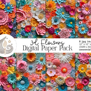 3D Bloemen Digitaal Papier | 3D-bloem digitaal papier | 3D-bloemmotief | Direct downloaden | Plakboek | Doe-het-zelf ambachten | Commercieel gebruik
